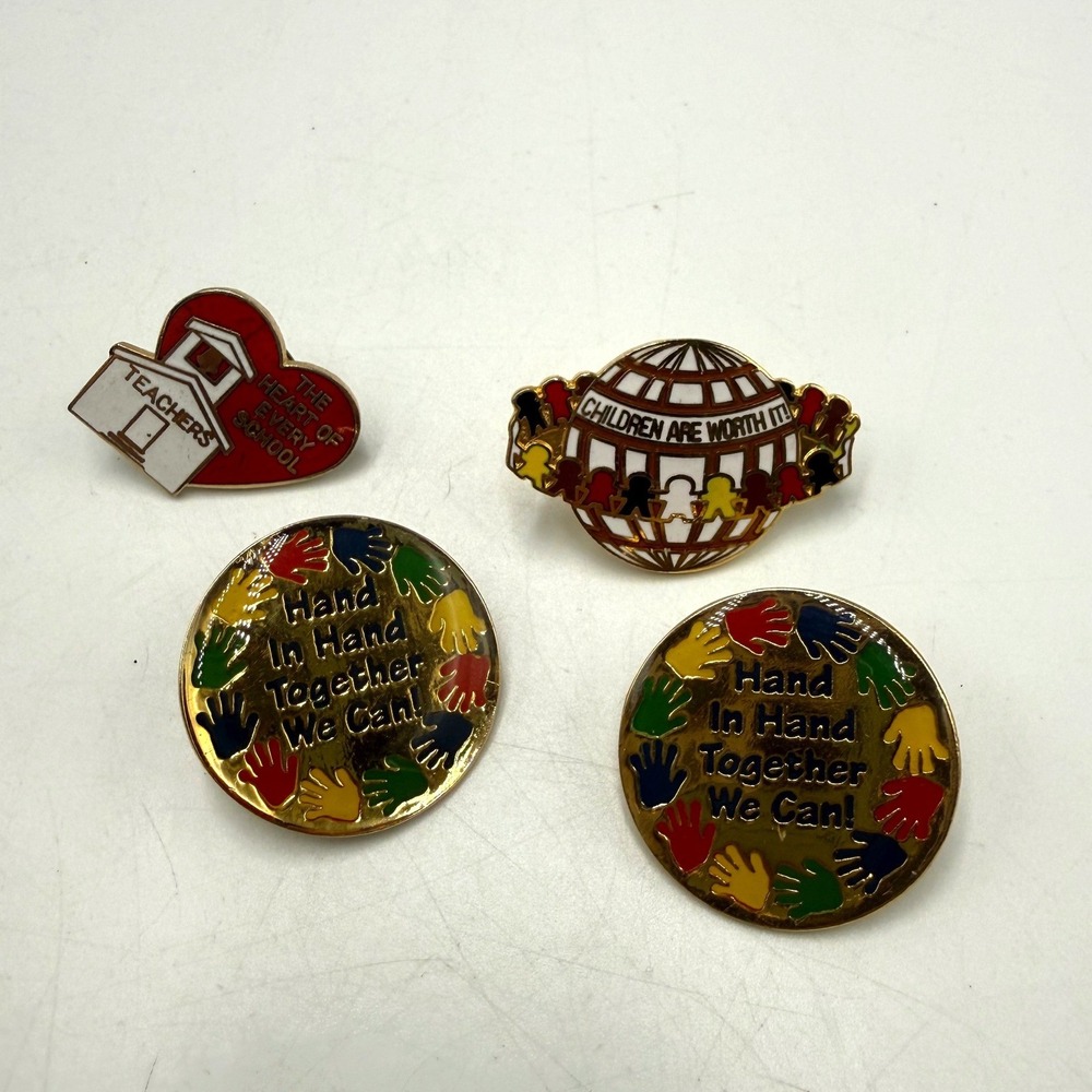 Vintage Teacher Appreciation School Unity Enamel Lapel Pin Lot 4pc Gold Tone